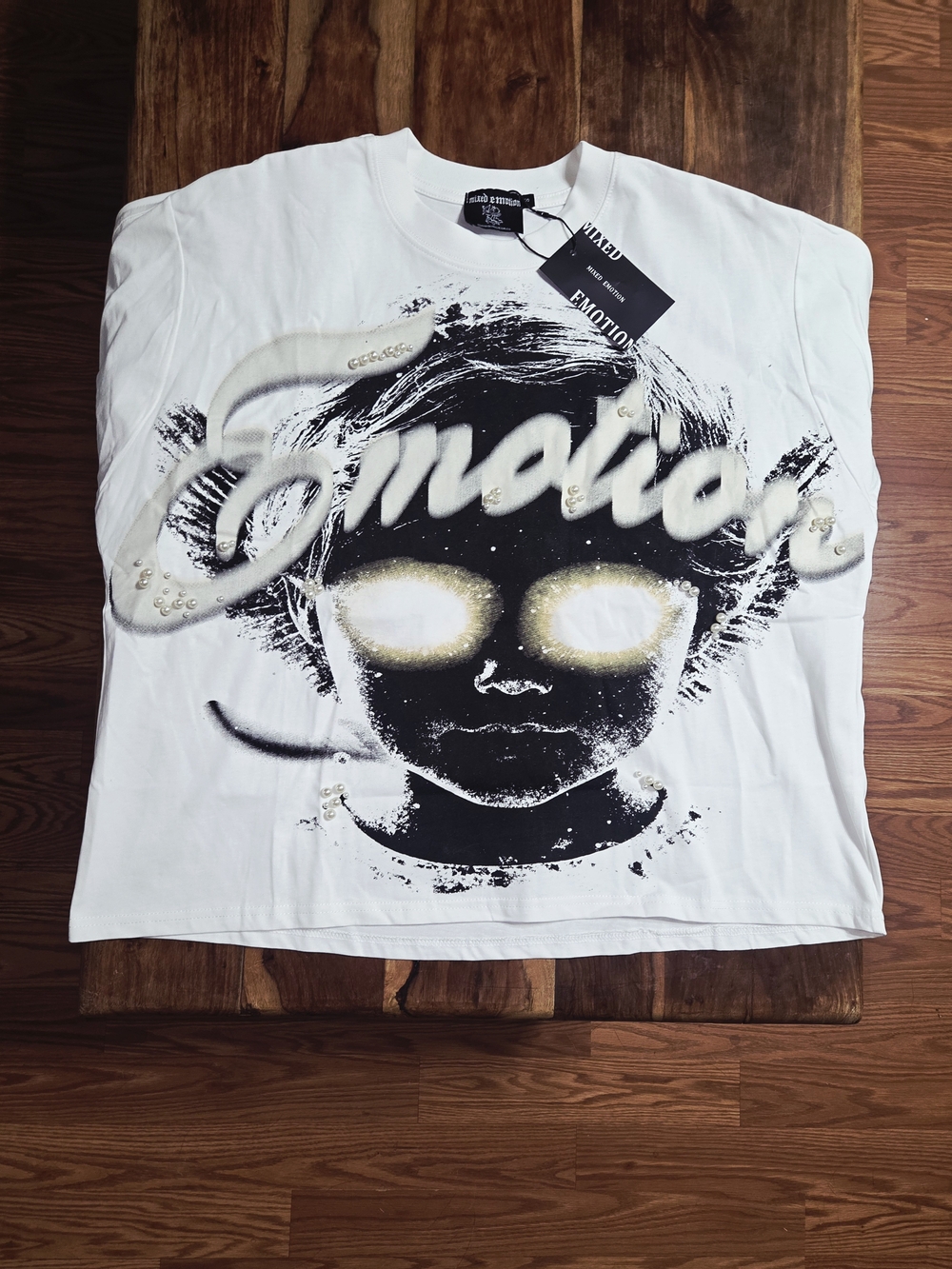 Mixed Emotions Men's Graphic White Tee with Embellished Detail. Size Small.